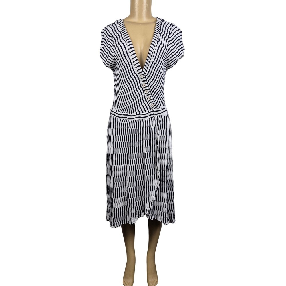 Maeve Anthropologie Paladino Faux Wrap Womens M Navy White Striped Midi Dress